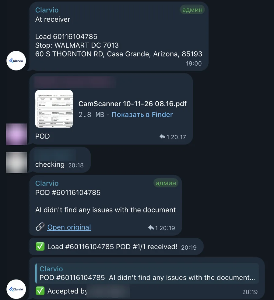 Telegram driver group: Clarvio reports arrival at a Walmart DC, the driver uploads a POD, Clarvio finds no issues, the load is marked POD received and the dispatcher accepts it.