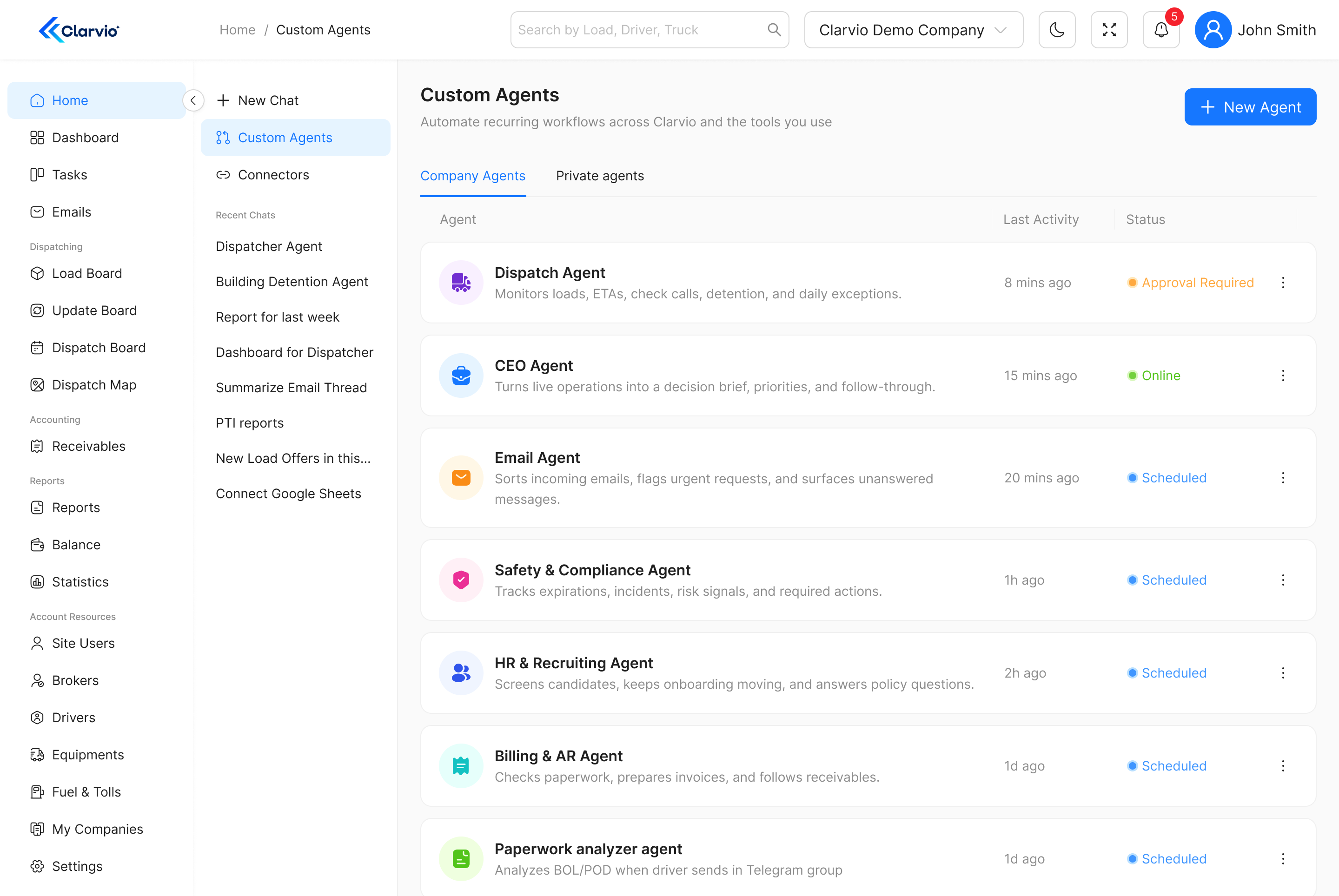Clarvio Custom Agents catalog with company agents and their workflow statuses