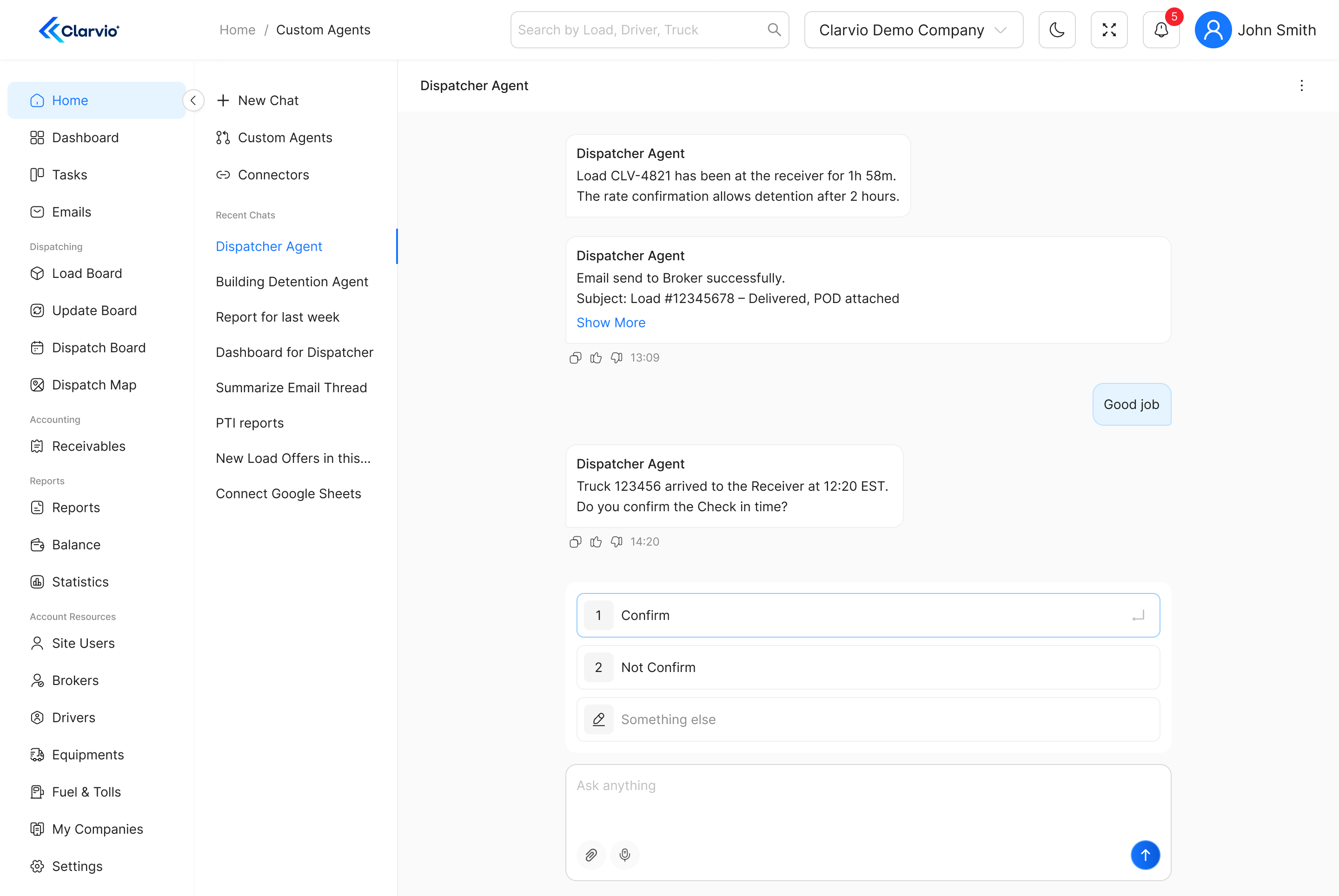 Clarvio Dispatcher Agent conversation with load updates, broker email confirmation, and a check-in approval request