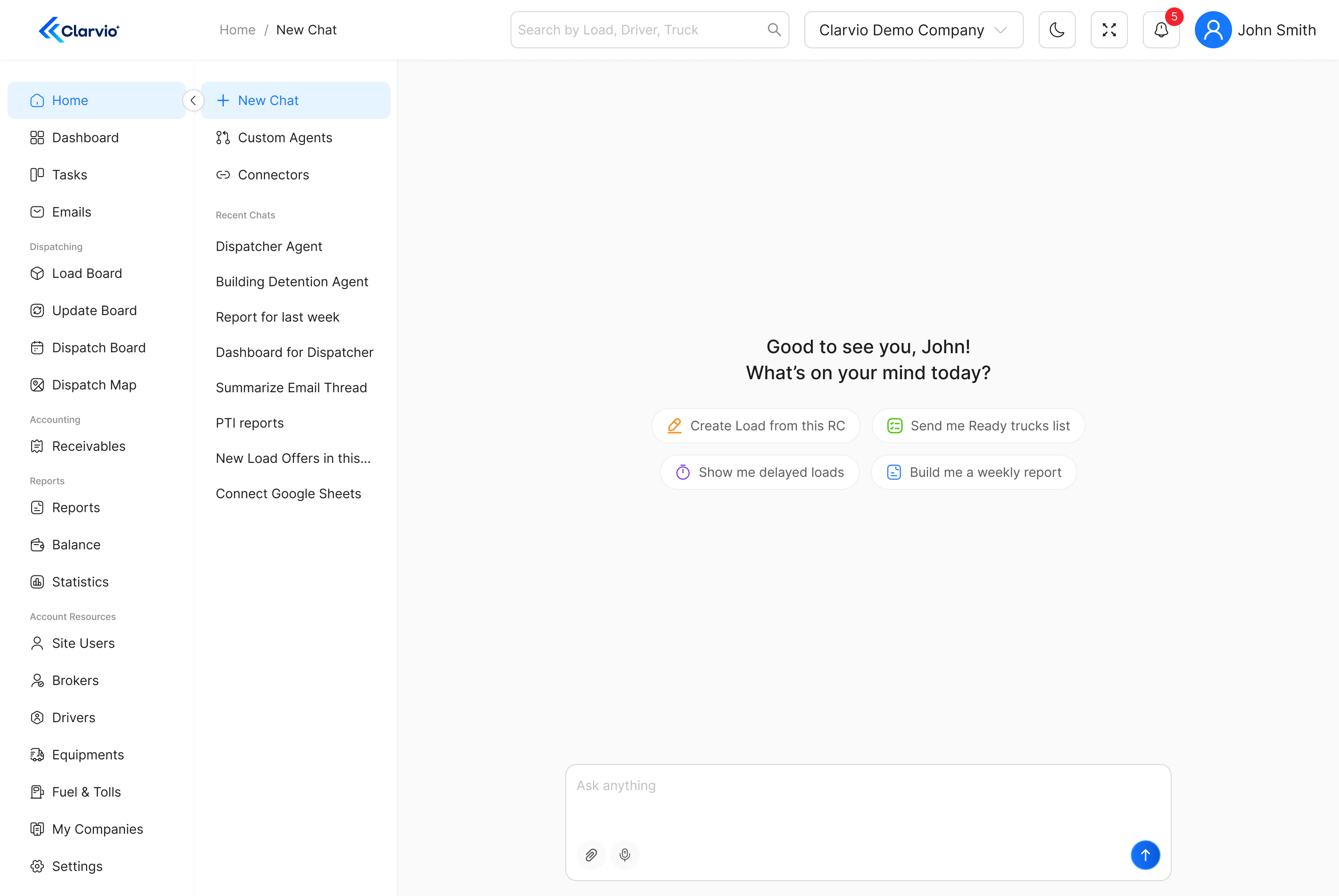 Clarvio New Chat workspace with recent chats, connectors, and suggested tasks